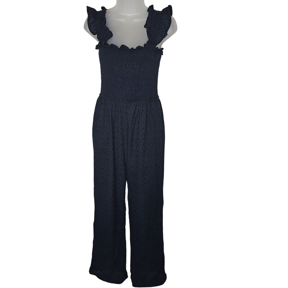 Lulus Navy Blue‎ Eyelet Lace Wide-Leg Jumpsuit Sz M - Picture 4 of 7
